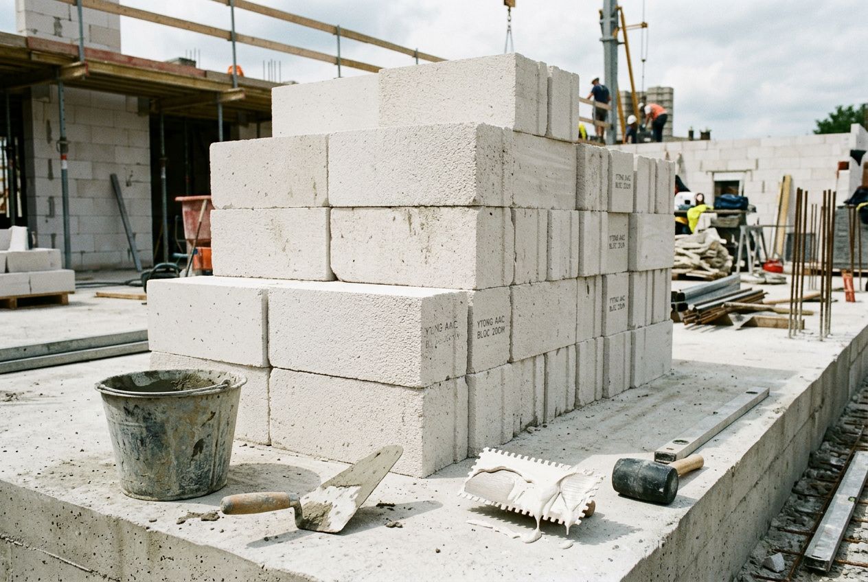 Pile de briques cellulaires sur un chantier, outils et seaux à proximité, construction en cours. brique cellulaire utilisée pour le béton cellulaire.