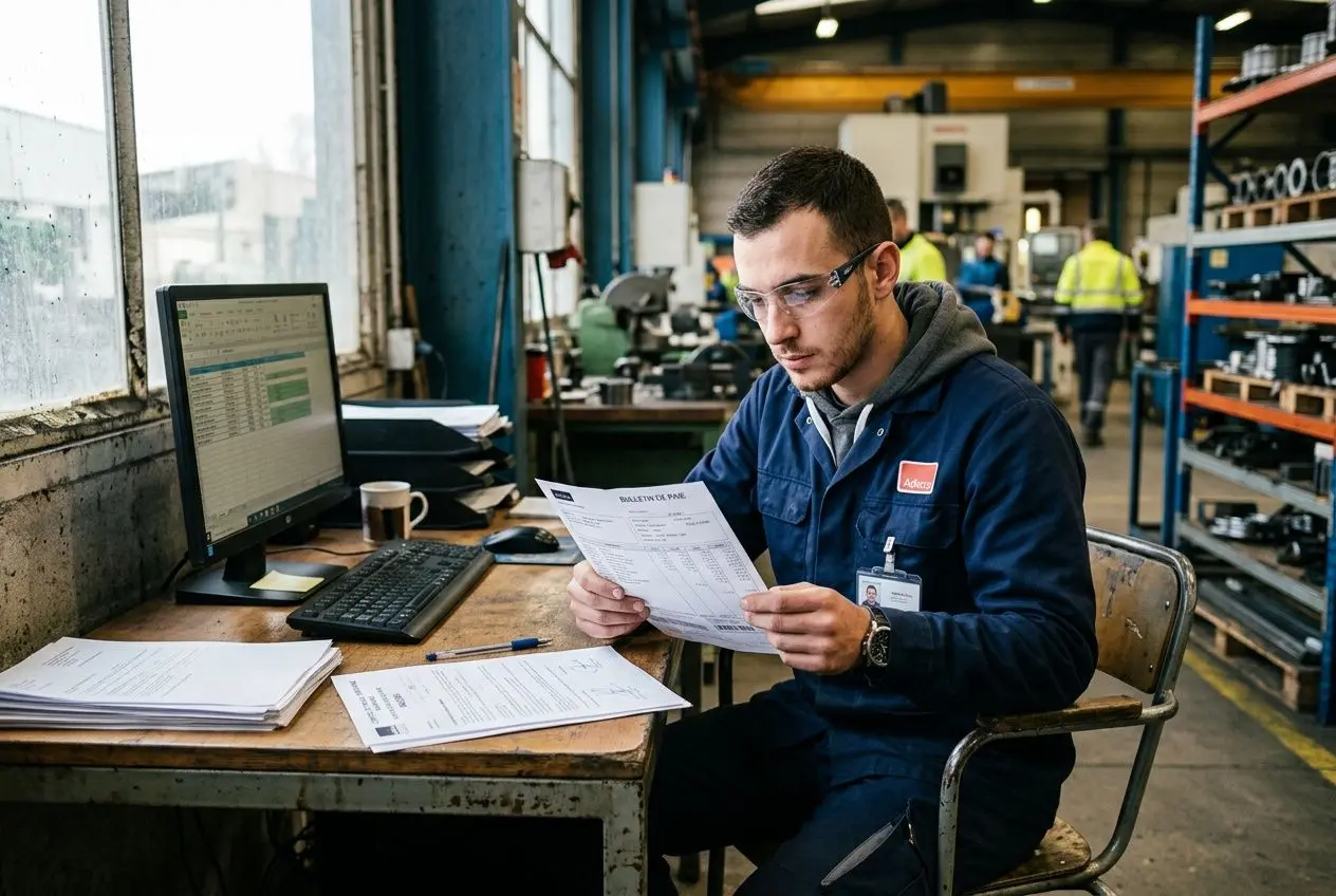 Homme en usine consulte des documents et utilise un ordinateur sur un bureau, calcul et procédures liées à la sécurité et à l’indemnité de fin de mission. prime de précarité pour un intérimaire intégré.