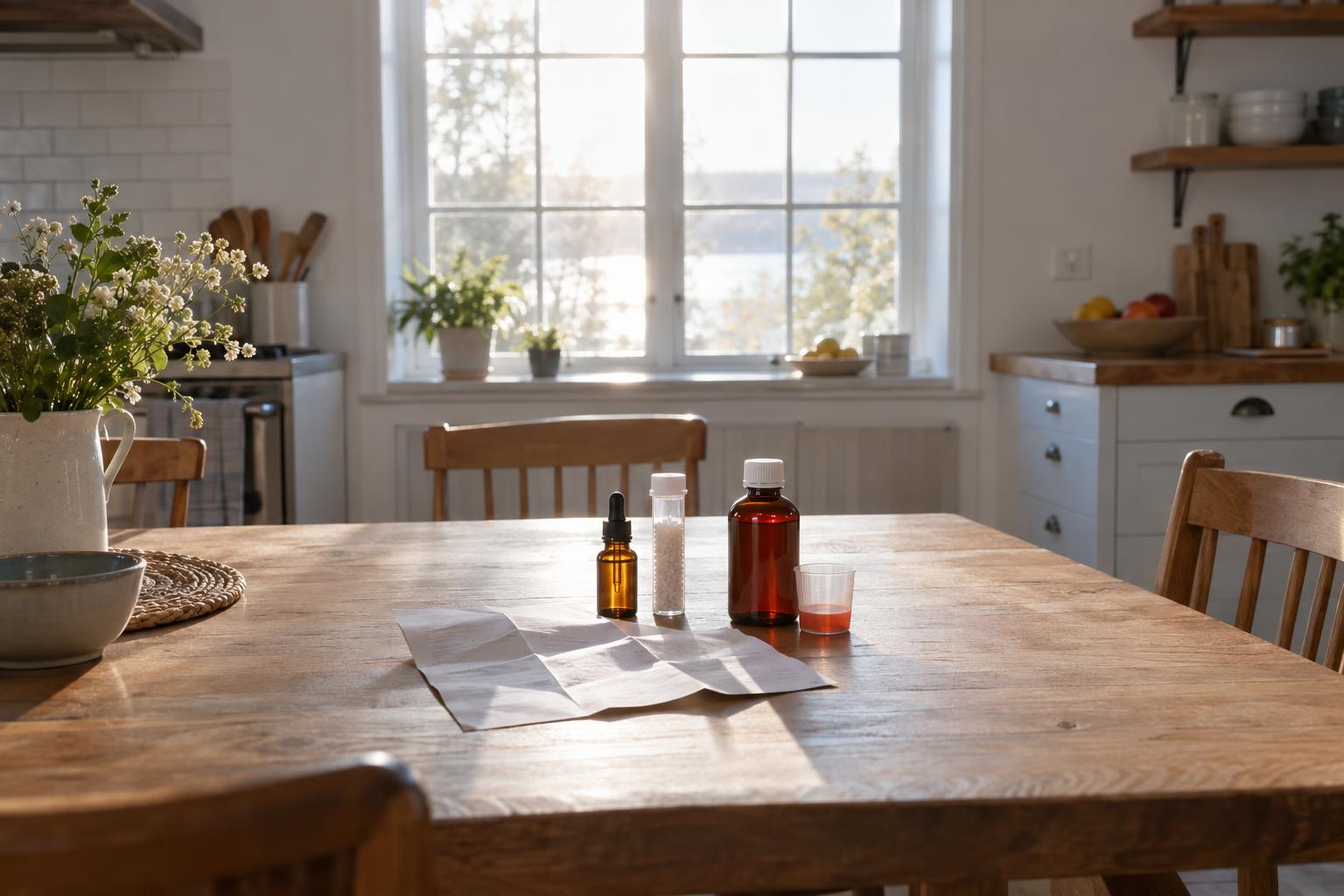 Fioles et notices posées sur une table de cuisine, précautions d'emploi de l'homéopathie contre le stress et l'insomnie