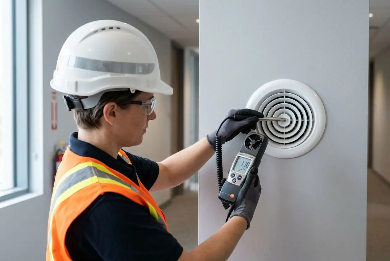 Agent en sécurité mesurant la VMC avec un manomètre dans un bâtiment, portant casque et gilet haute visibilité. attestation conformité vmc nécessaire intégrée naturellement.
