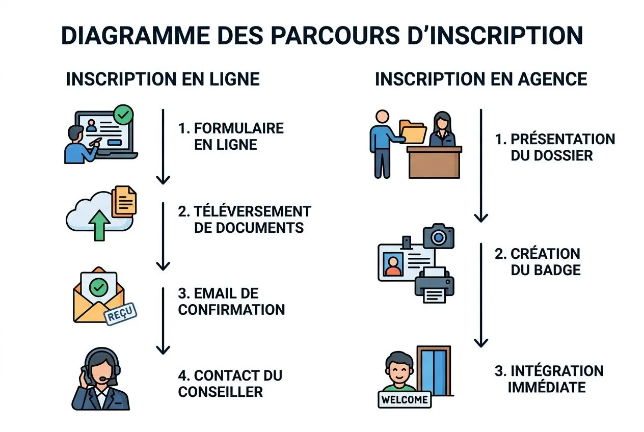 Diagramme des parcours d’inscription: texte et icônes illustrant l'inscription en ligne et en agence. Inclut formulaire en ligne, téléversement de documents, email de confirmation, contact du conseiller, présentation du dossier, création du badge et intégration immédiate; le tout autour de la notion d’agence d’intérim comment ça marche.