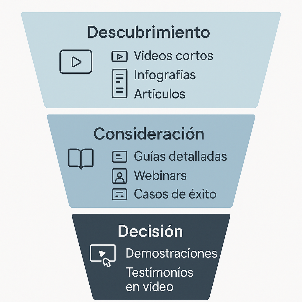 Esquema del embudo de conversión que muestra los formatos de contenido digital adecuados para cada etapa: Descubrimiento, Consideración y Decisión.
