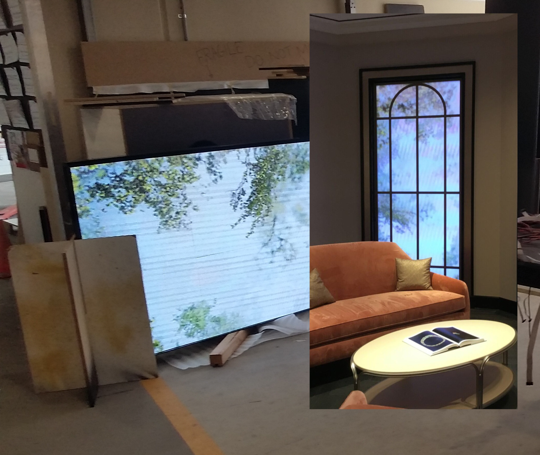 Écran LCD posé au sol avec image partiellement affichée, près d’un canapé orange et d’une table basse blanche dans un espace intérieur; séparation d’éclairage et de décor suggère une démonstration de problème affichage écran lcd.