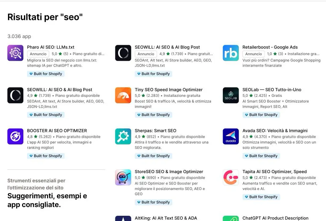 Risultati dell'App Store Shopify per «seo»: 3.036 app, tra cui Booster, Avada, Tapita, Smart SEO e StoreSEO, con voti da 4,8 a 5 stelle