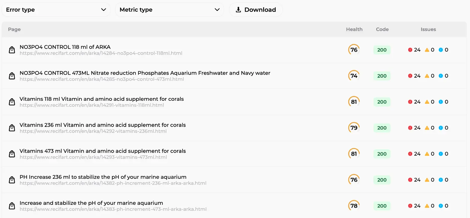 Explored pages table of the technical audit with per-page health score, HTTP status code and error, warning and suggestion counts