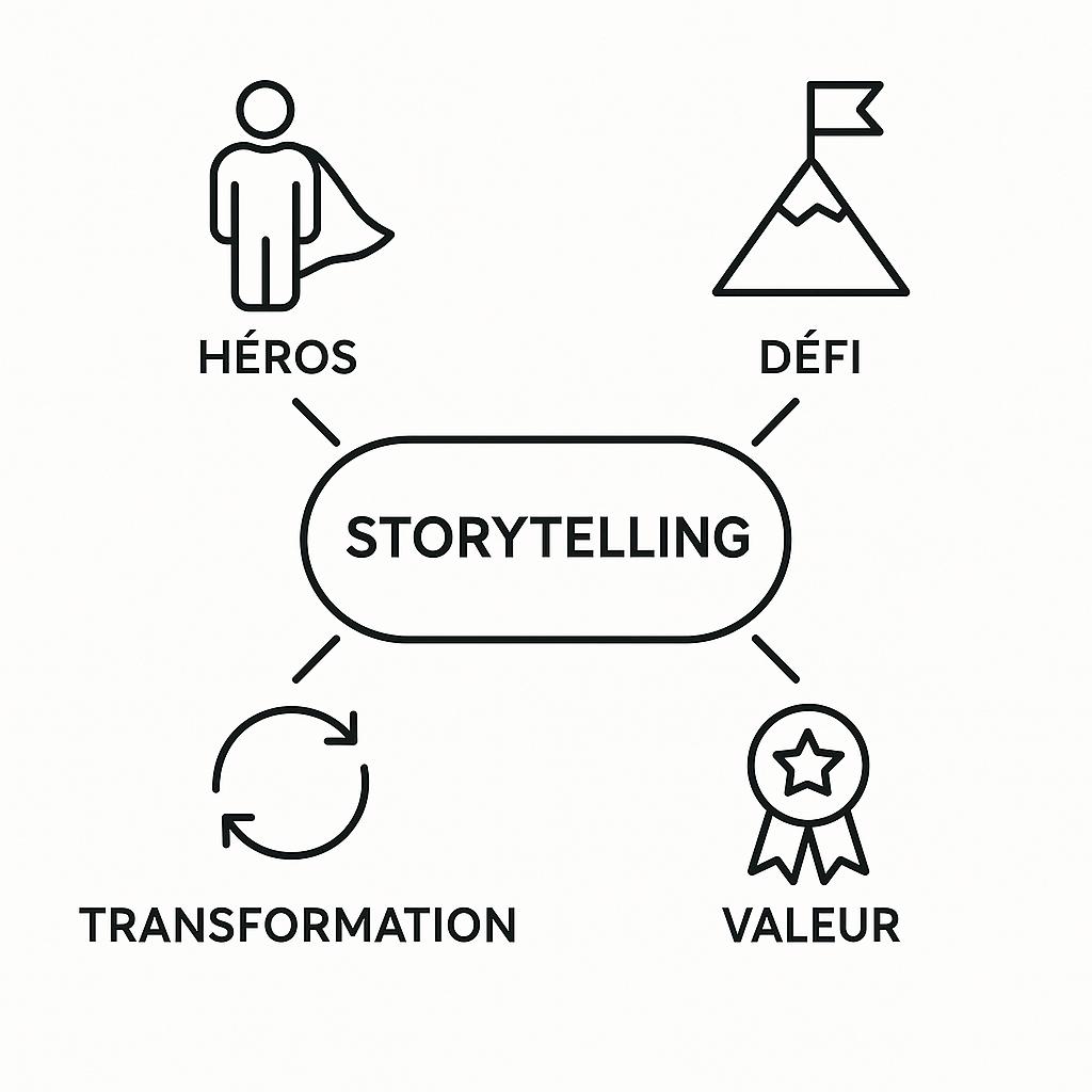 Schéma illustrant les quatre éléments clés d'un storytelling efficace : un héros, un défi, une transformation et une valeur.