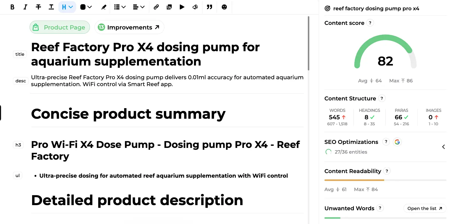 Sedestral editor showing an optimised product page with rewritten title and description next to the content score panel at 82