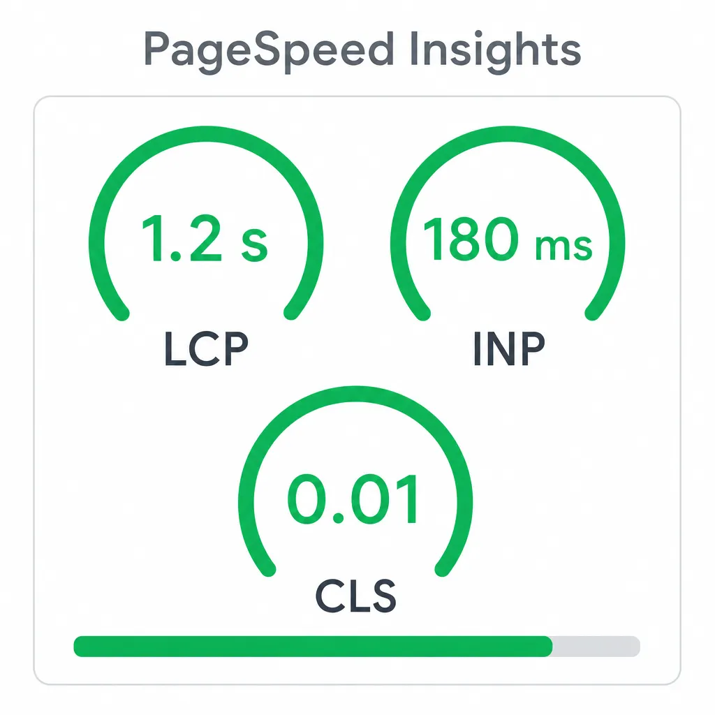 Stylised Google PageSpeed Insights interface showing the Core Web Vitals (LCP, INP, CLS) with optimal performance scores.