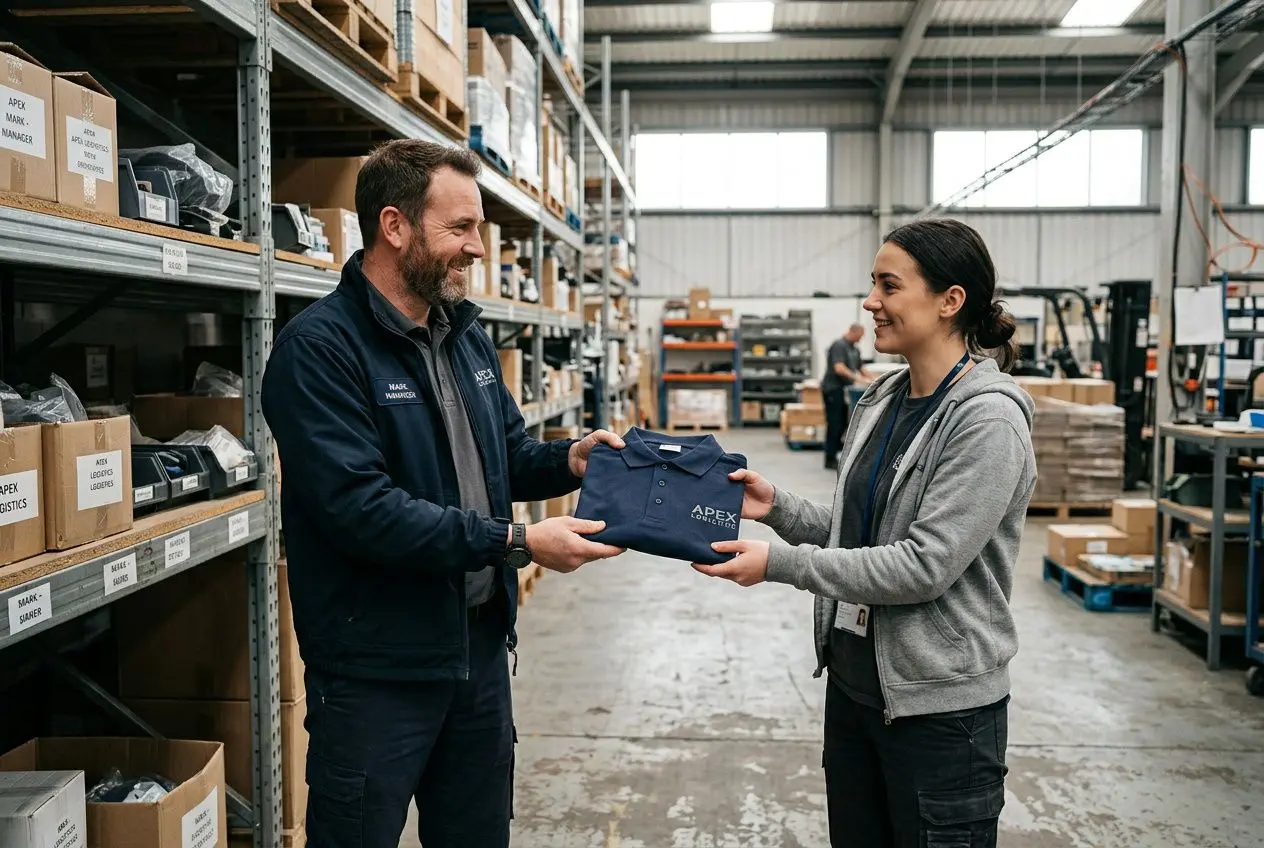 Deux employés dans un entrepôt échangent un polo bleu, symbole de tenue de travail fournie par l'employeur.