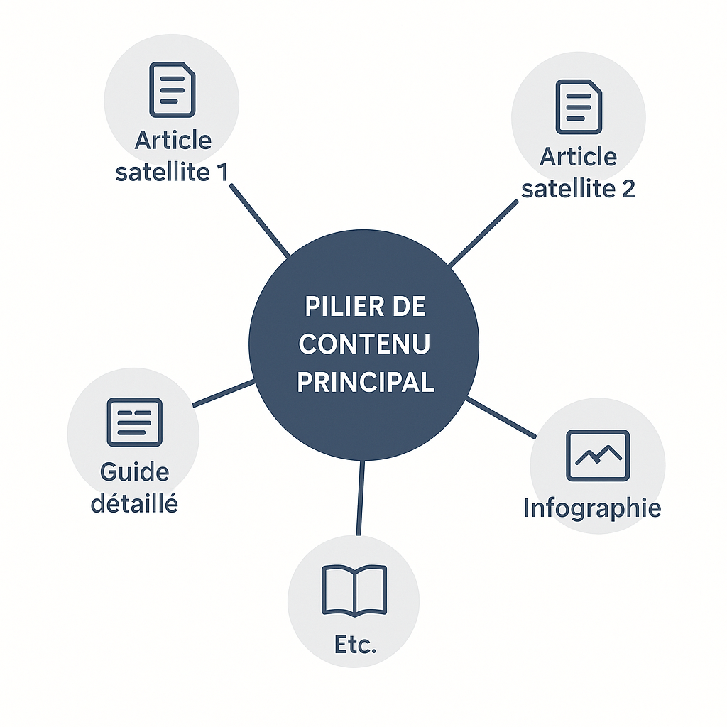Schéma illustrant la structure en cluster SEO, avec une page pilier centrale reliée à plusieurs pages satellites pour renforcer la cohérence thématique.