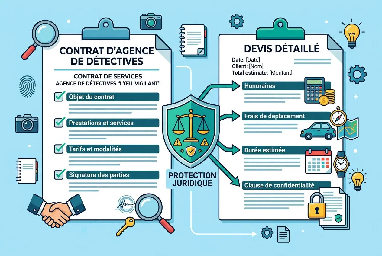 Illustration de documents juridiques: contrat d’agence de détectives et devis détaillé, avec sceau de protection juridique et éléments visuels (tampons, clés, pièces). Integrate keyword: comment choisir un détective privé.