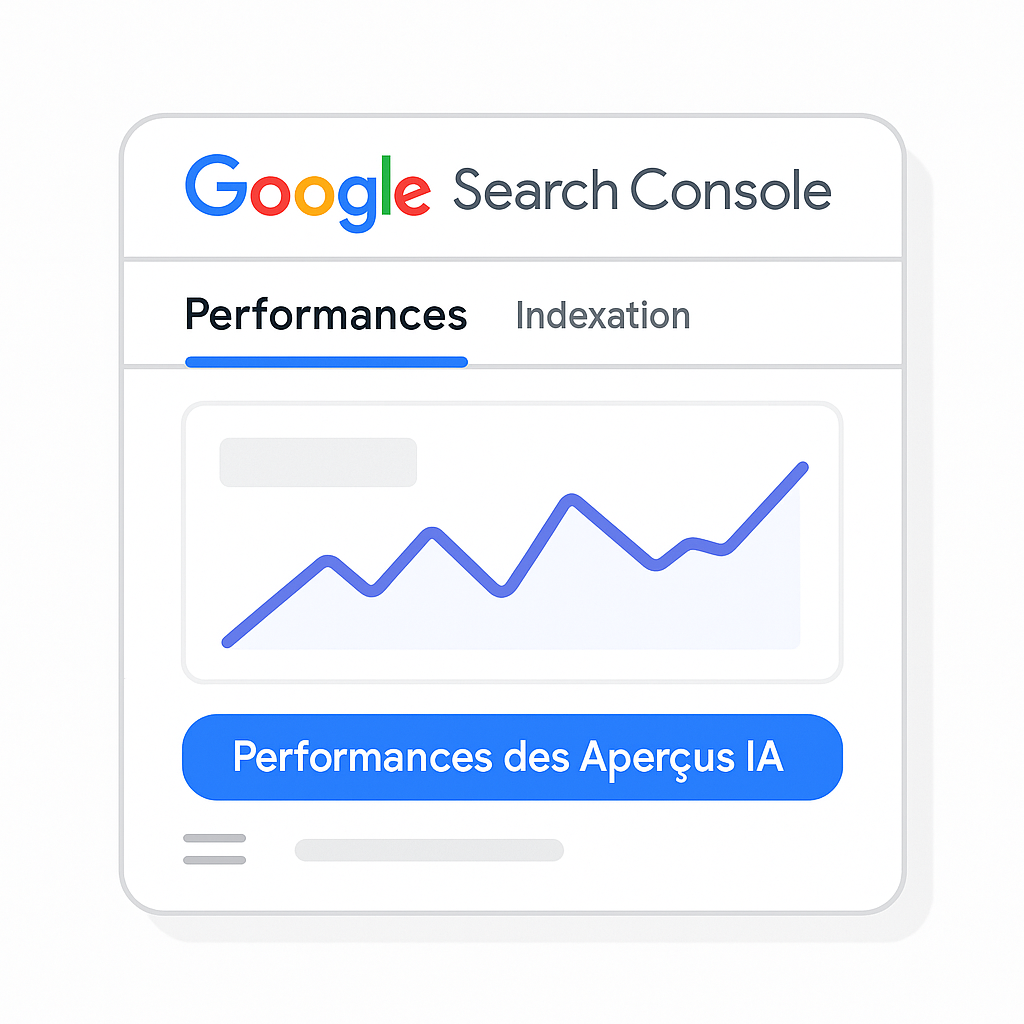 Interface utilisateur stylisée de la Google Search Console, illustrant les outils de suivi de performance et d'indexation pour le SEO.