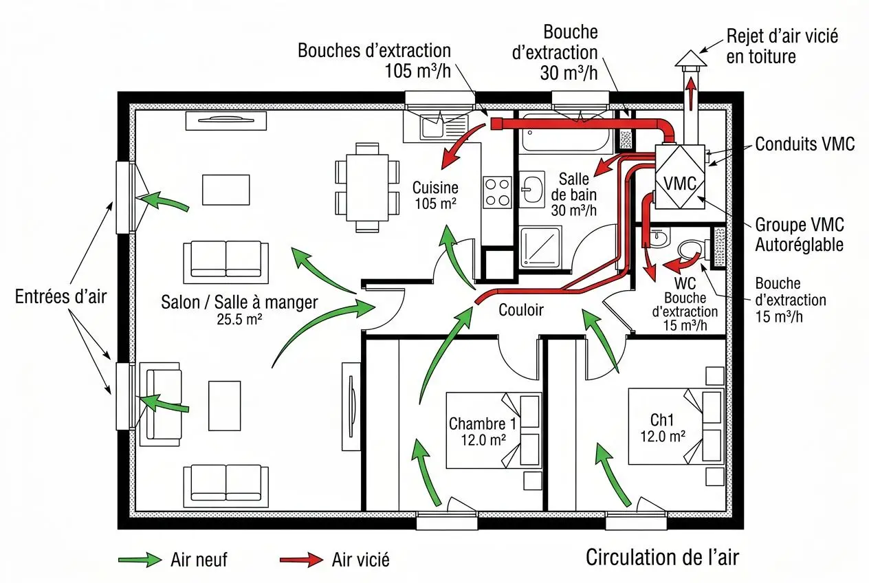 Schéma d’un système VMC dans un logement: flux d’air entrant vert et flux d’air vicié rouge, avec bouches d’extraction et conduits VMC, et indication des pièces (cuisine, salon, chambres, salle de bains) pour illustrer les normes installation vmc.