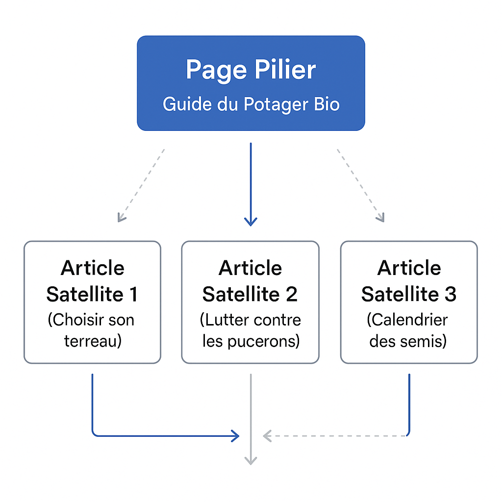 Diagramme de la structure en silo SEO montrant une page pilier qui distribue son autorité à des articles satellites thématiquement liés.