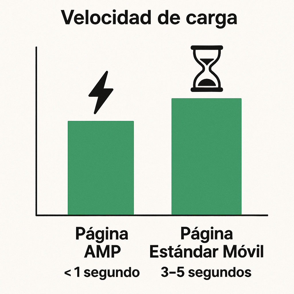 Gráfico comparativo de la velocidad de carga entre páginas AMP y páginas móviles estándar, destacando la carga instantánea de AMP.