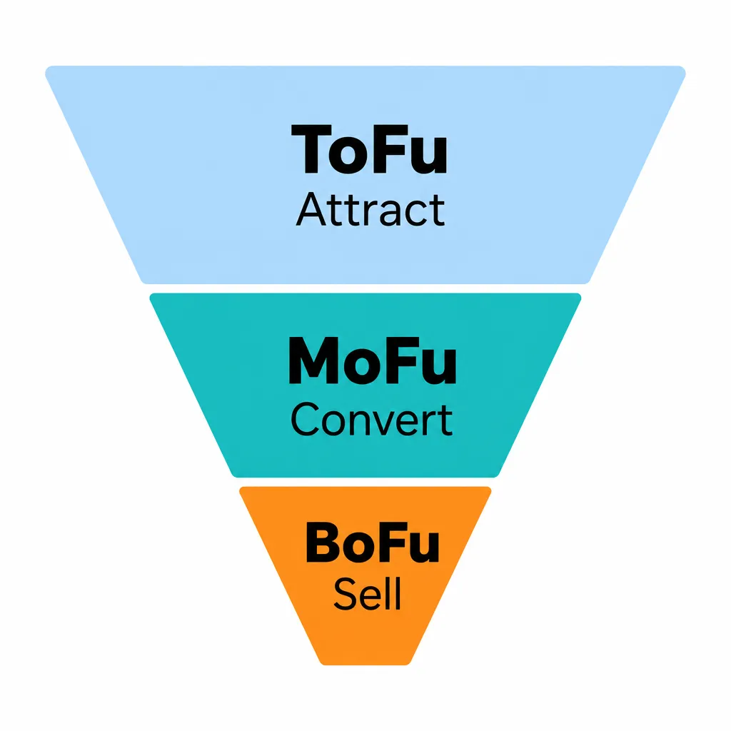 Diagram of the 3-stage inbound marketing funnel: ToFu to attract, MoFu to convert and BoFu to sell.