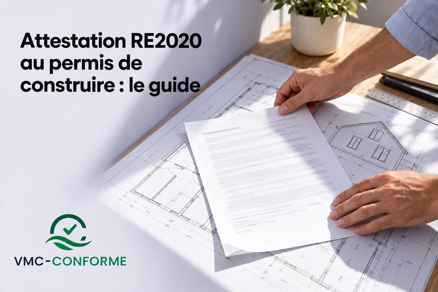 Personne déposant un document sur un plan architectural posé sur une table.