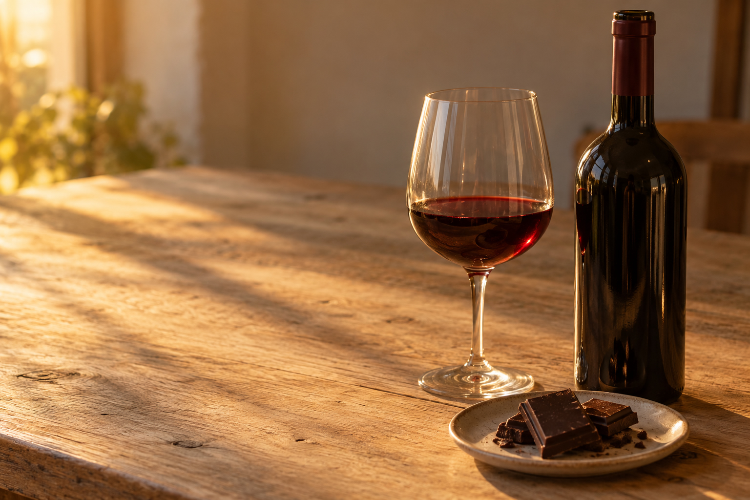 Verre de vin rouge et bouteille à côté d’un petit plat de morceaux de chocolat noir sur une table en bois.