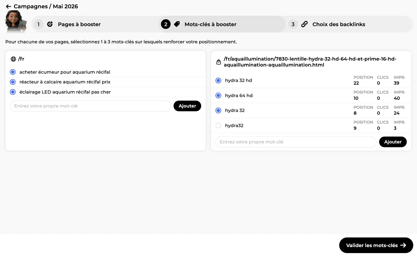 Étape 2 Mots-clés à booster : une carte par page avec les mots-clés recommandés, leur position, leurs clics et leurs impressions