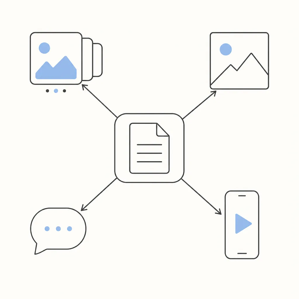 Schéma de déclinaison d'un article de blog en quatre formats sociaux : carrousel, visuel, publication courte et vidéo verticale.