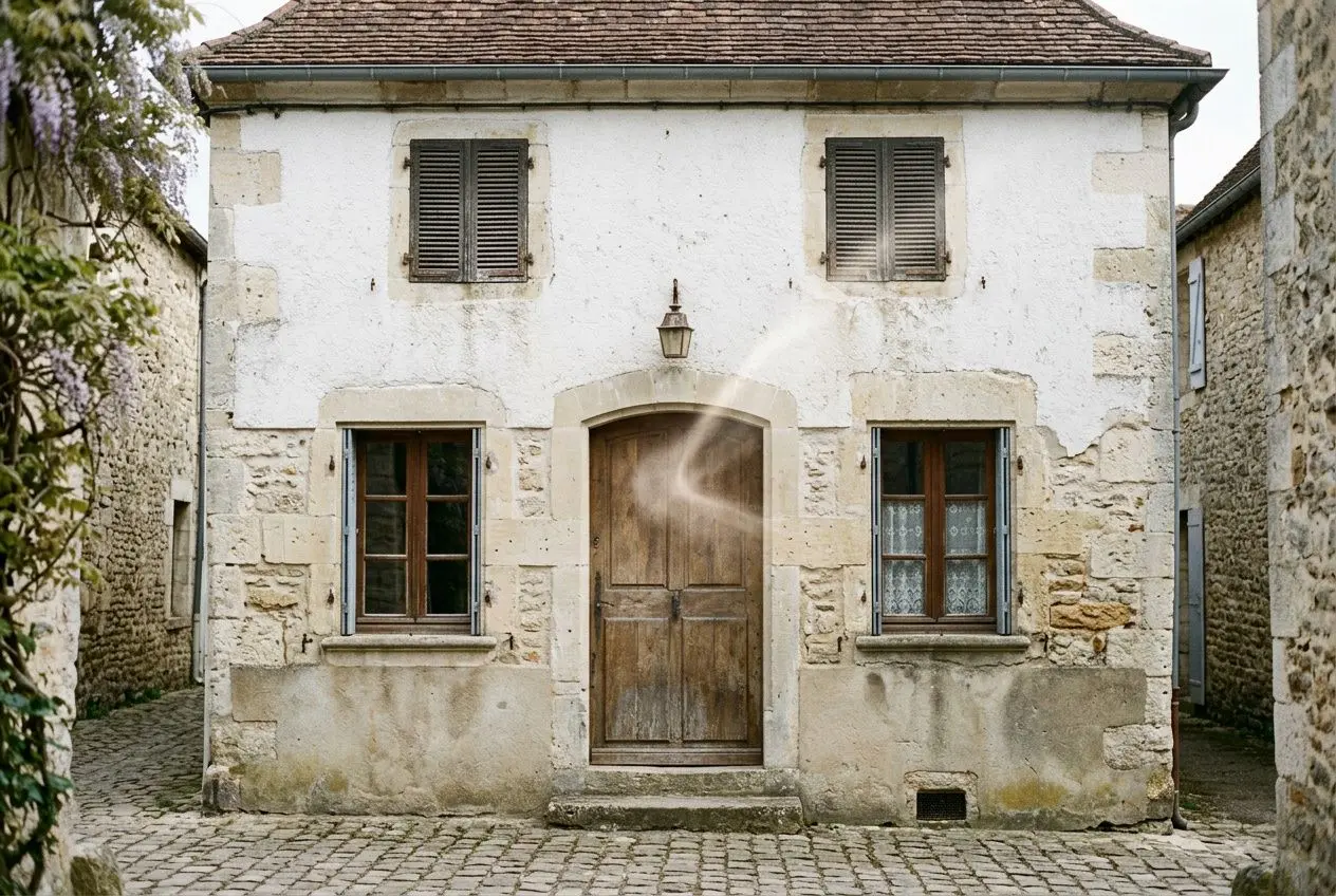 Façade d'une maison ancienne avec porte centrale et fenêtres à volets, fumée visible près de l'entrée, pavage en pierre au sol. vmc obligatoire maison ancienne.