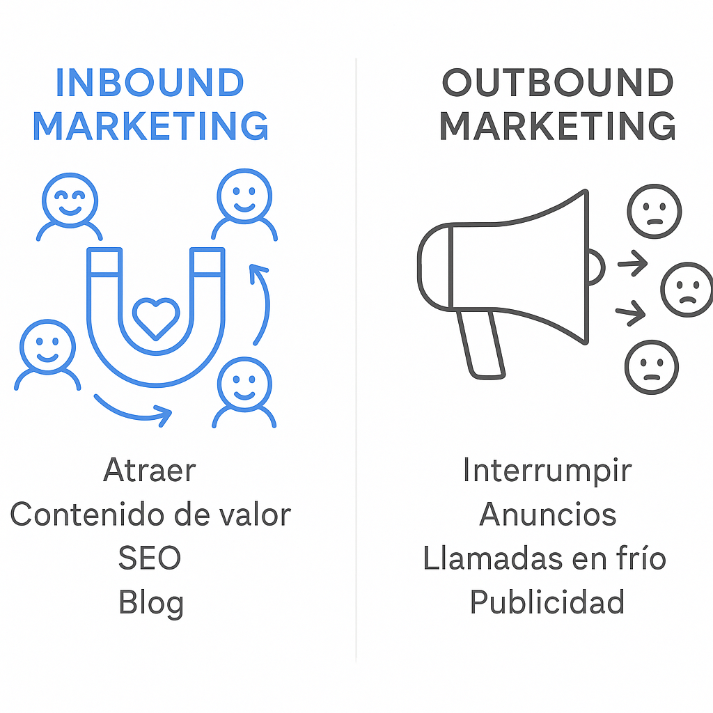 Esquema comparativo entre Inbound Marketing, representado por un imán que atrae clientes con contenido, y Outbound Marketing, simbolizado por un megáfono que interrumpe a la audiencia con publicidad.