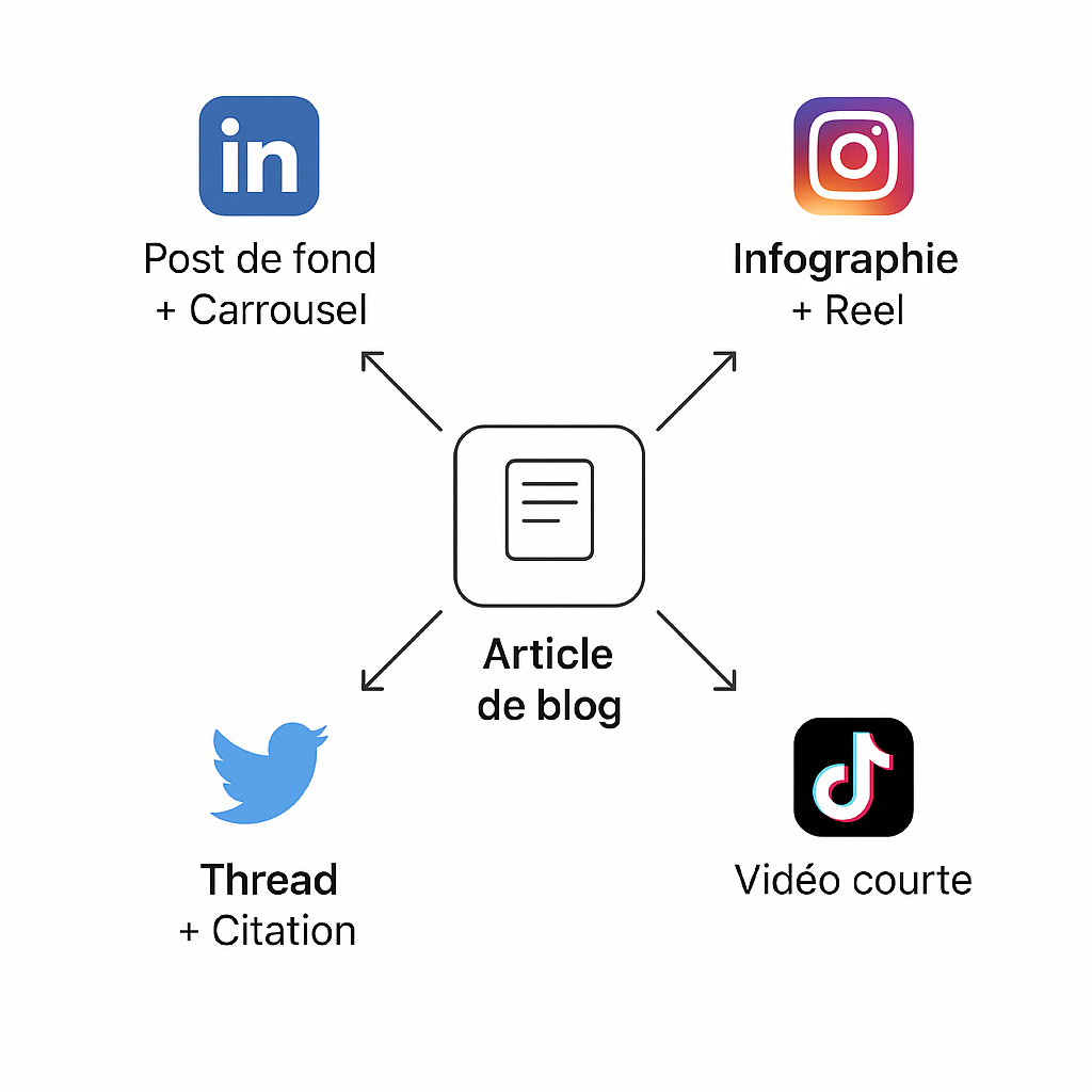 Infographie montrant la stratégie de recyclage de contenu : comment un article de blog central est transformé en publications adaptées pour LinkedIn, Instagram, TikTok et Twitter.
