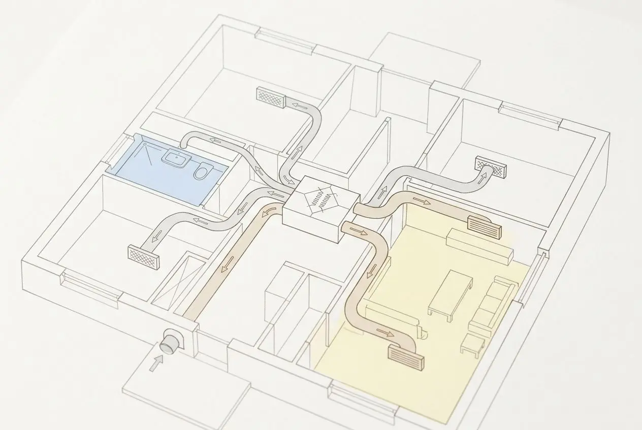 Schéma technique d’un logement montrant le réseau de VMC double flux et les conduits de climatisation intégrés, avec un centrale et flux d’air. Ajouter climatisation vmc double flux évoquée.