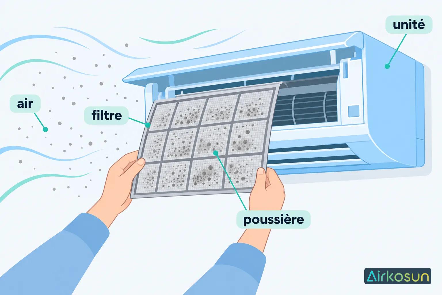 Limage montre une personne nettoyant ou remplaçant le filtre d’un climatiseur mural avec des flèches indiquant l’air qui
