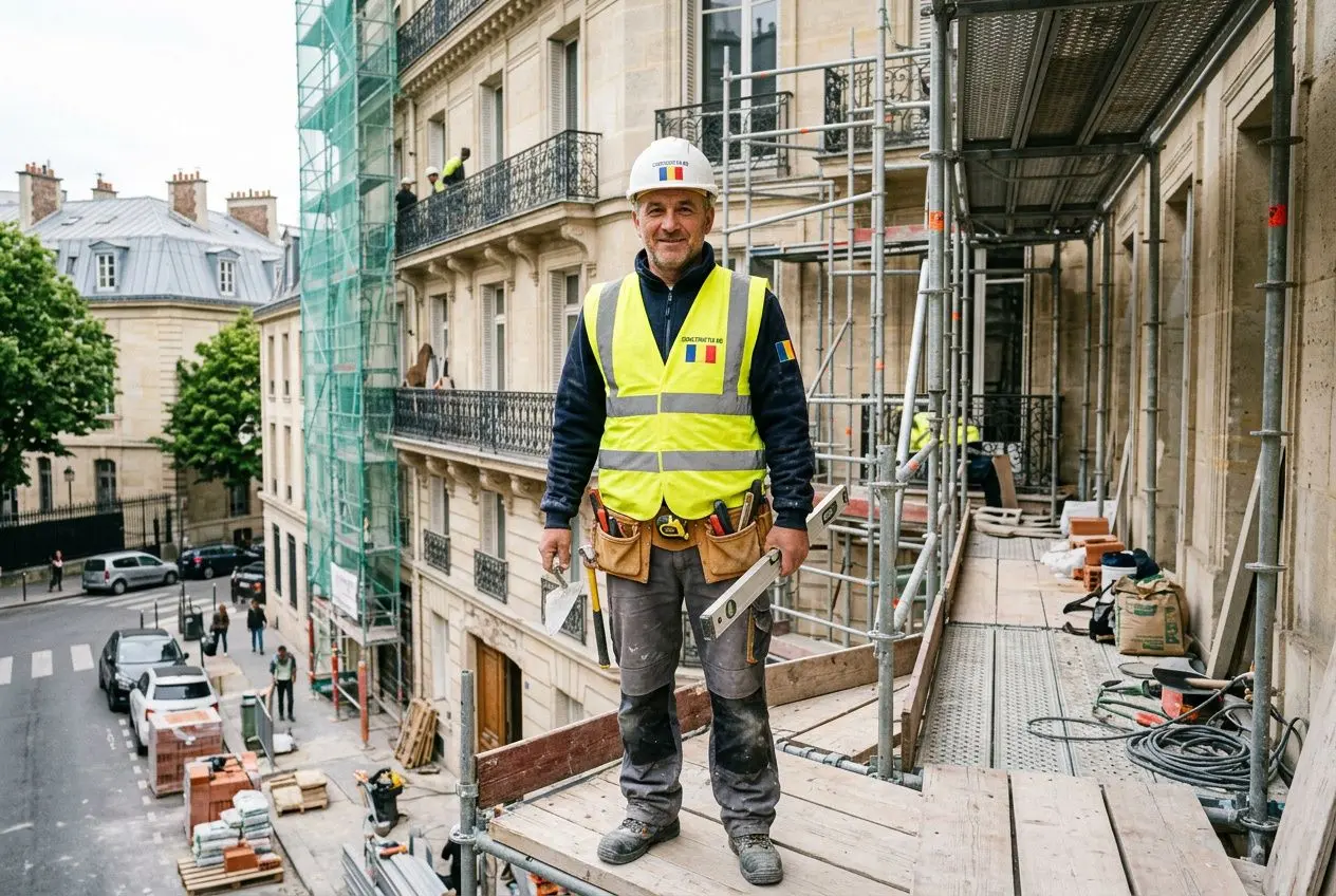 Ouvrier de chantier portant gilet jaune et casque, debout sur une passerelle, devant un bâtiment en travaux et échafaudages. c'est quoi un travailleur détaché intégré naturellement.