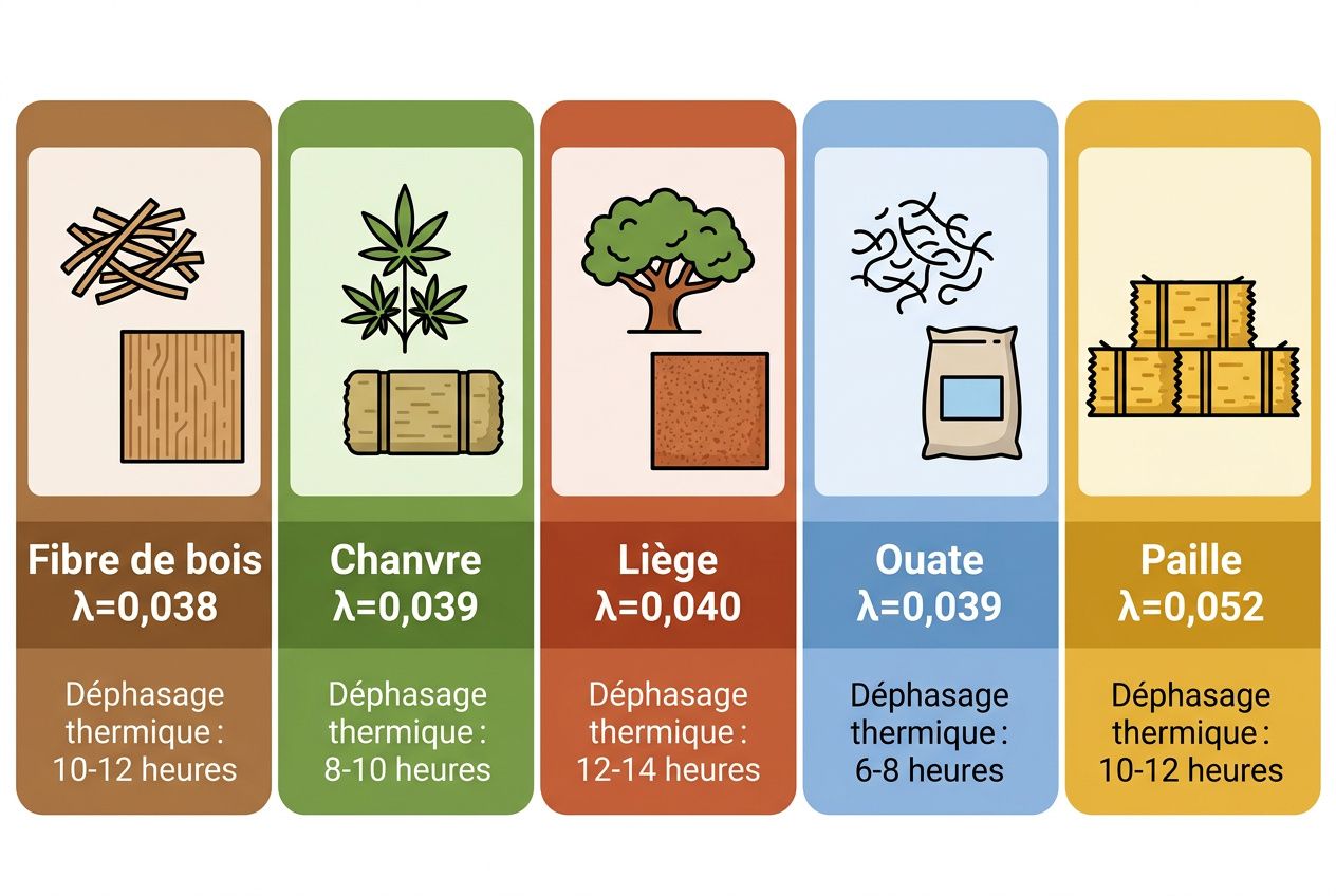 Comparatif visuel des matériaux écologiques: fibres de bois, chanvre, liège, ouate et paille avec leurs caractéristiques et λ: valeurs et déphasage thermique. Matériaux écologique construction présentés.