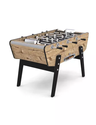 Meilleur baby-foot extérieur comparatif: table de jeu en bois avec pieds noirs et détails métalliques, surface robuste et légèreté pour extérieur.