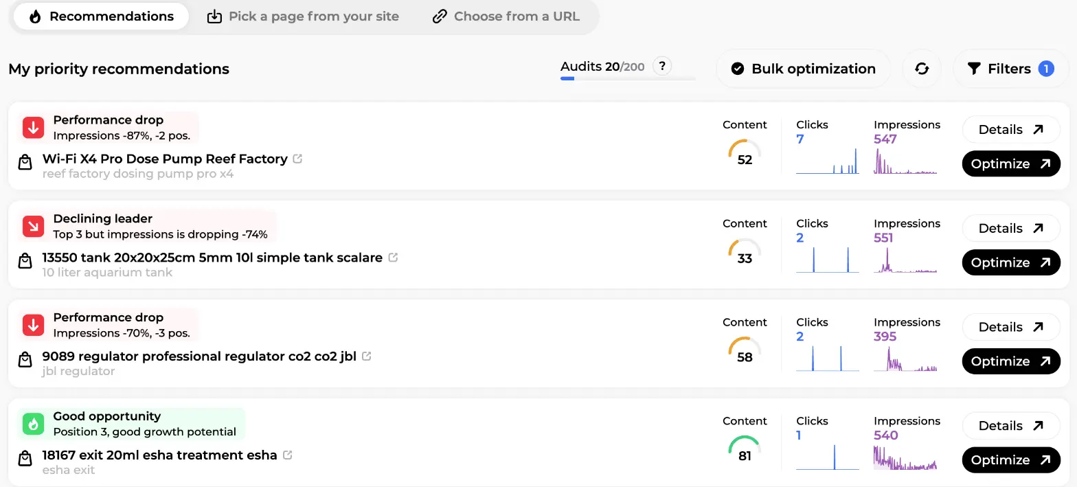 Rémi's priority recommendations: pages flagged performance drop or good opportunity with content score, clicks, impressions and Optimize buttons