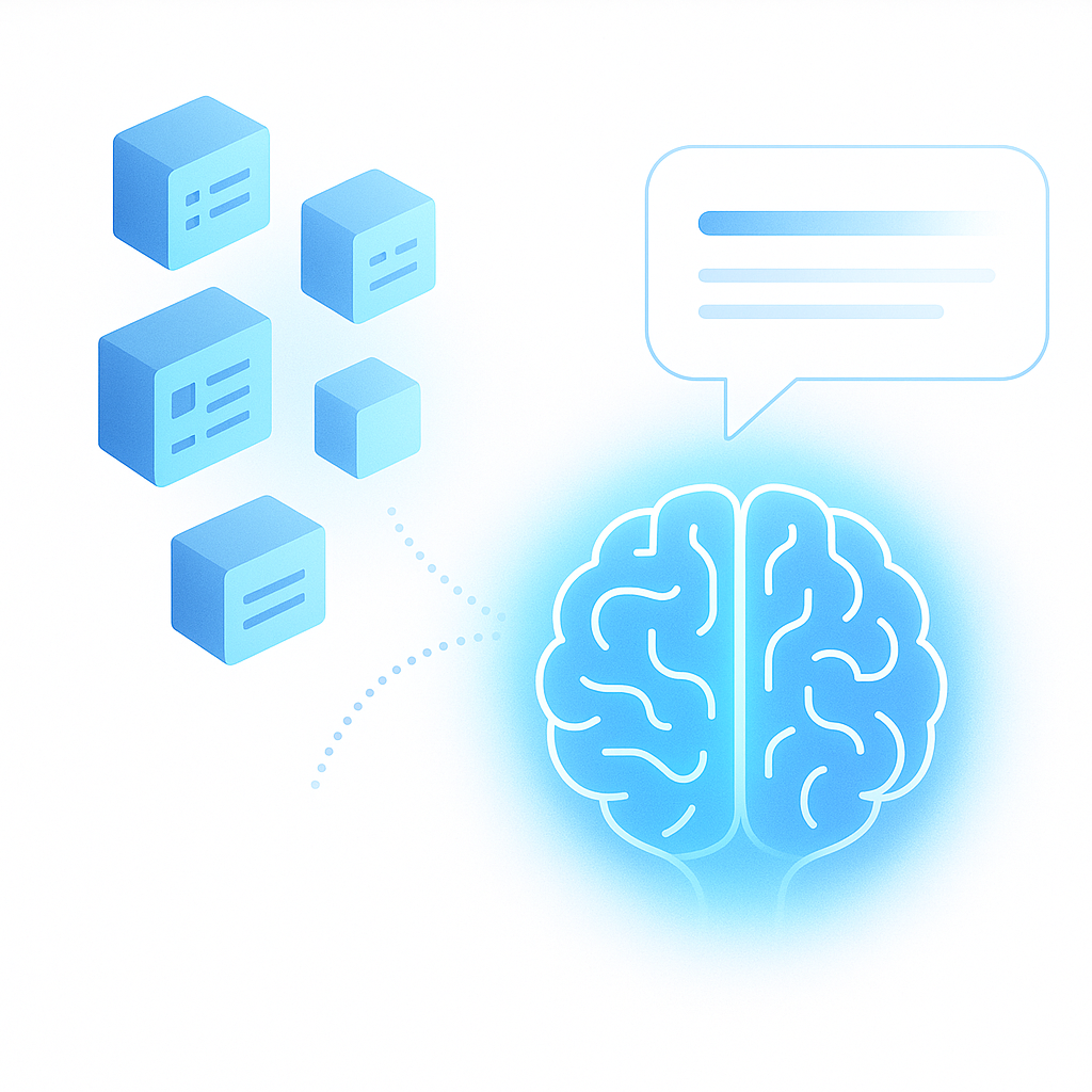 Illustration conceptuelle montrant des données structurées qui alimentent une intelligence artificielle pour générer des réponses précises.