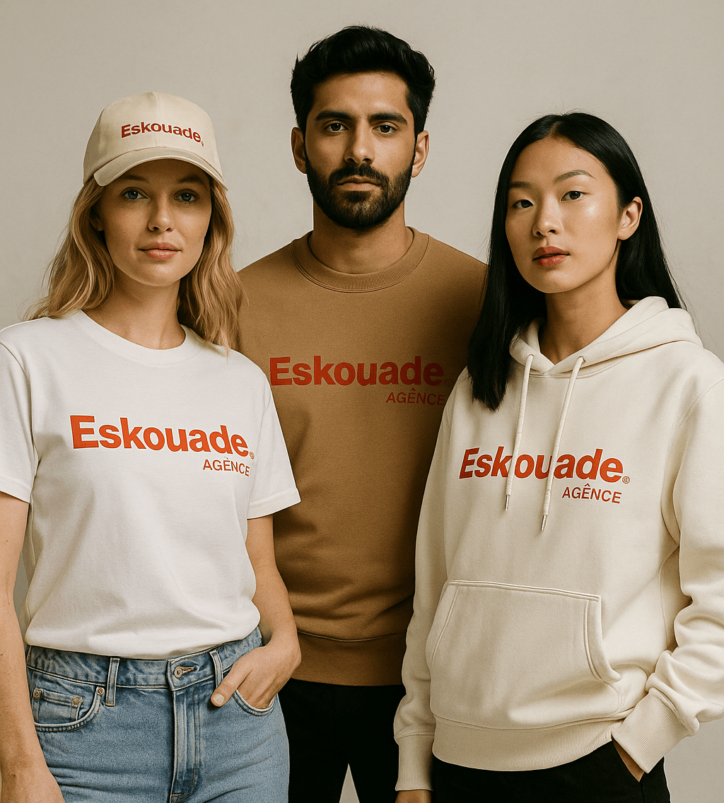 Trois models portant des vêtements avec logo « Eskouade » : t-shirt blanc à imprimé orange, hoodie clair et sweat beige, ensemble casual. intégration: impression tee shirt personnalisé.