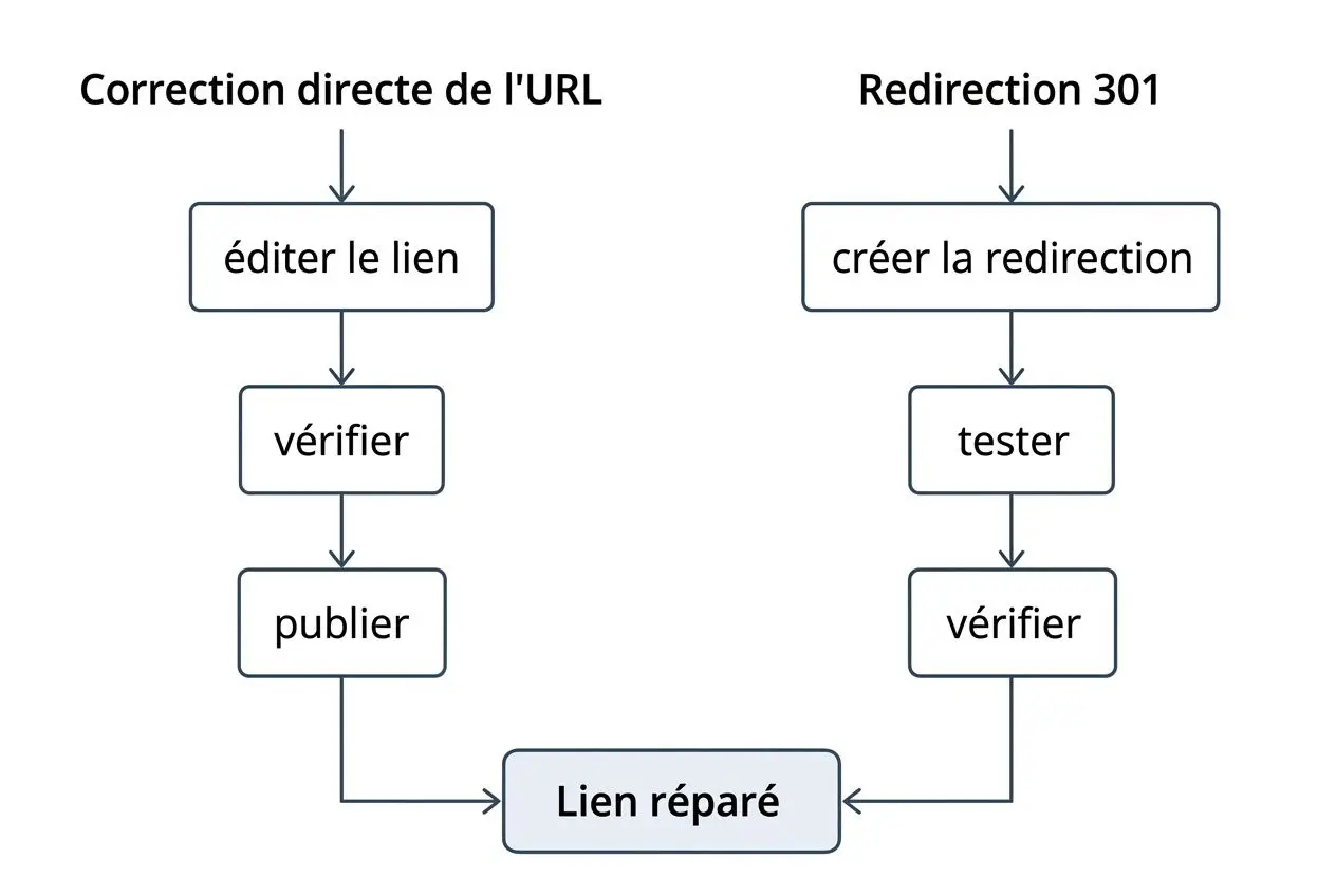 Illustration des deux méthodes pour réparer un lien cassé : correction directe et redirection 301