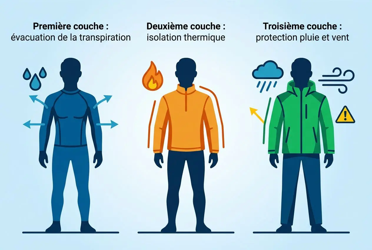 Illustration expliqu ant les trois couches d’un système thermique: évacuation de la transpiration, isolation thermique et protection contre pluie et vent pour équipement randonnée débutant.