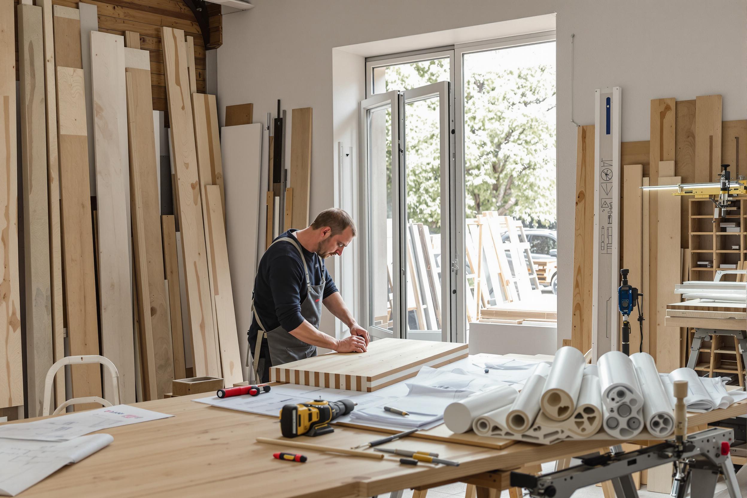 Atelier de menuiserie moderne avec menuisier au travail