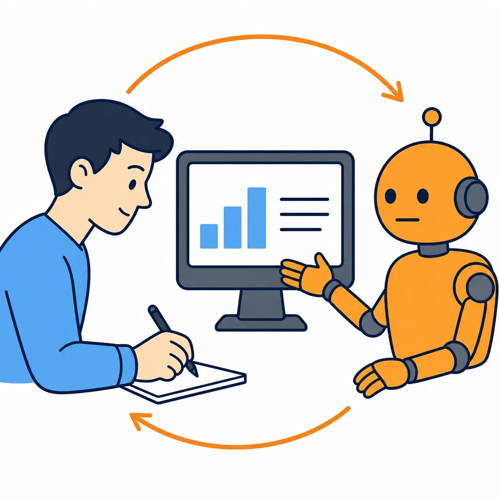 Illustration of a content writer collaborating with an AI assistant to create optimised content.