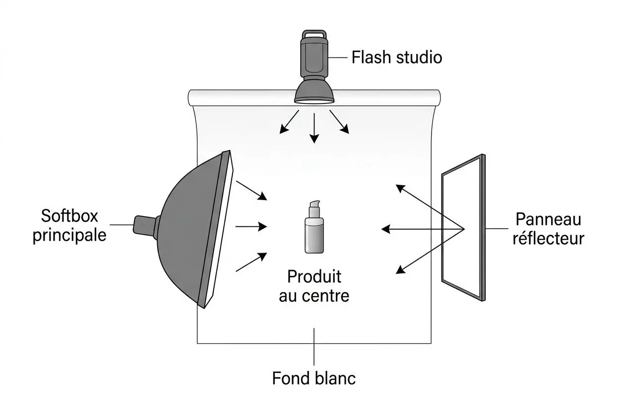 Schéma de packshot produit en studio: configuration avec fond blanc, produit au centre, flashs et panneau réflecteur pour éclairage, softbox principale et fond blanc.