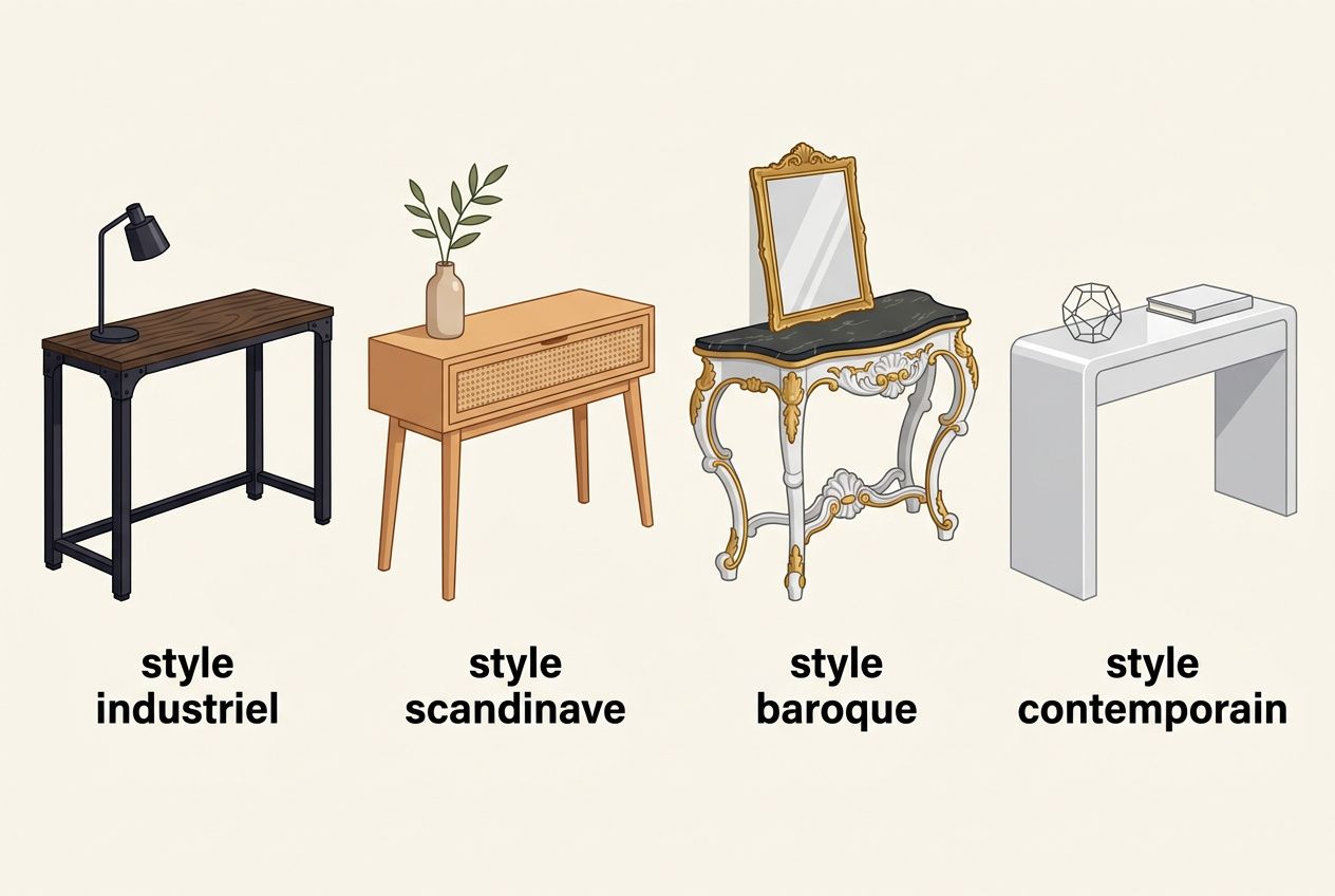 Quatre meubles console distincts: style industrial noir, style scandinave bois clair avec plante, style baroque doré et miroir, et style contemporain gris chic.