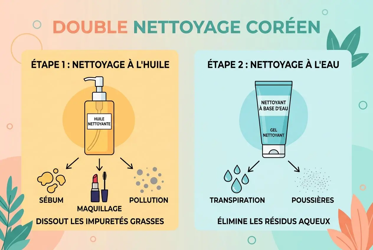 Double nettoyage coréen illustré: Étape 1 huile nettoyante dissout impuretés; Étape 2 nettoyant à base d’eau élimine résidus. routine anti-âge peau mature intégrée.