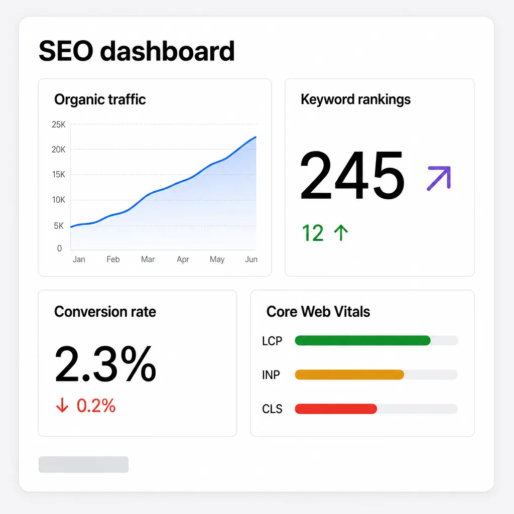 Stylised SEO dashboard interface showing the main KPIs and site performance.