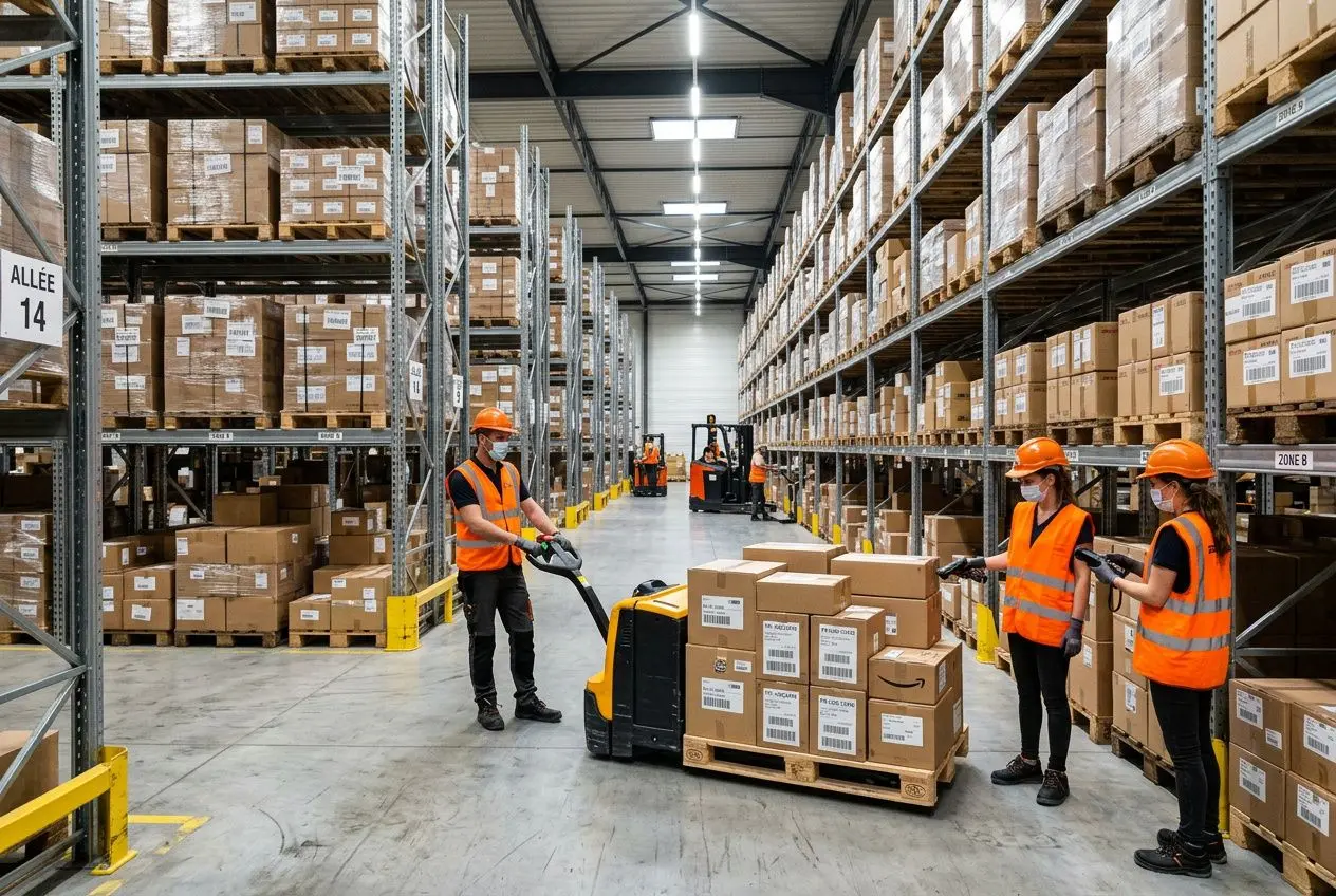 Agents logistique en action dans un entrepôt, gestion des palettes et manutention avec chariot élévateur.