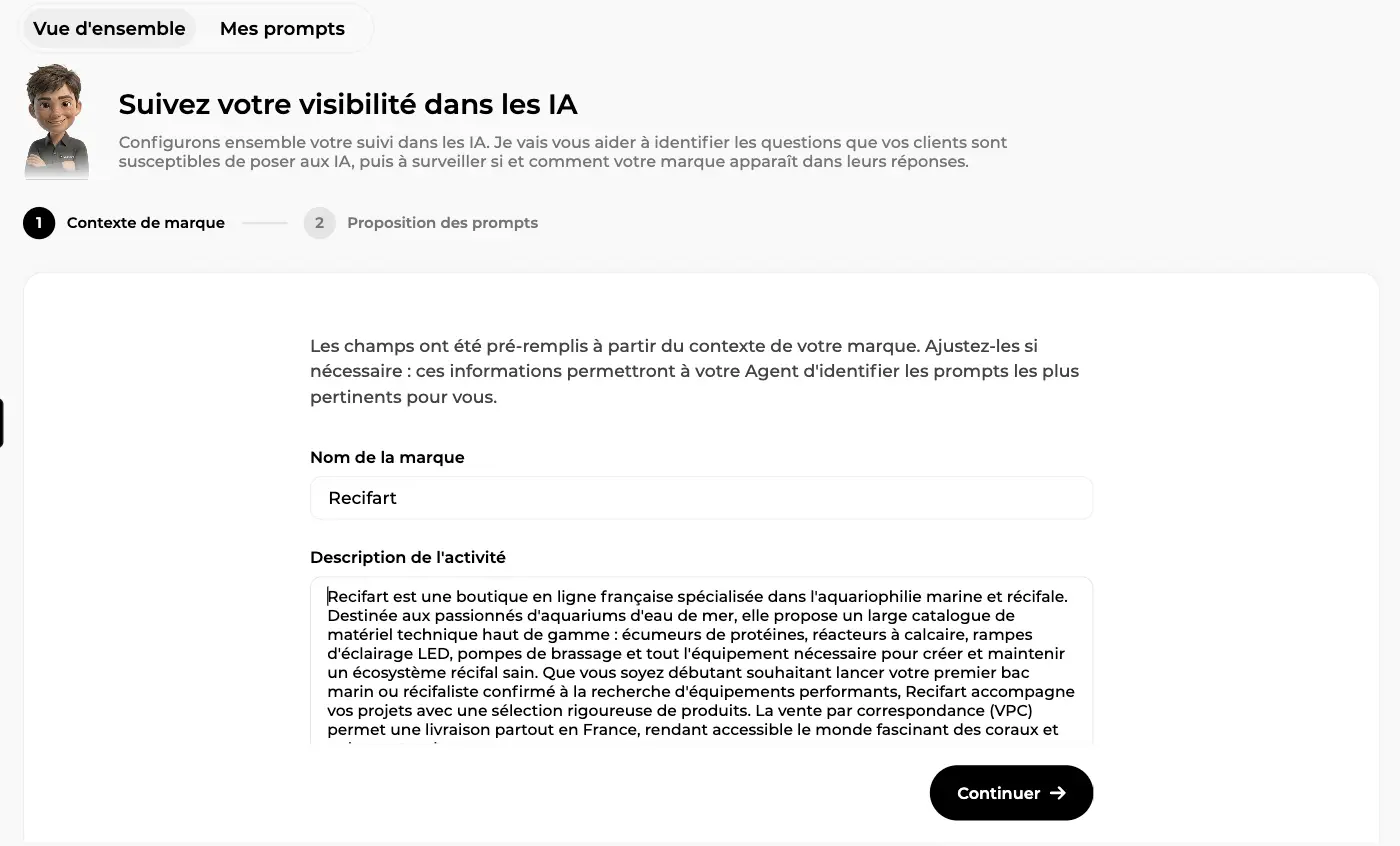 Assistant de configuration du suivi de visibilité dans les IA, étape 1 contexte de marque, nom et description pré-remplis