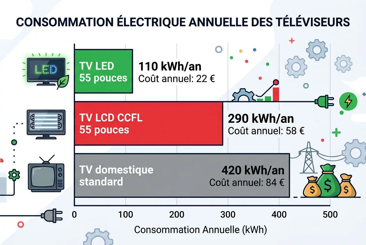Consommation électrique annuelle des téléviseurs: graphique montrant TV LED 55 pouces 110 kWh/an, TV LCD CCFL 55 pouces 290 kWh/an et TV domestique standard 420 kWh/an. Calculs par écran et coûts annuels affichés. Intégration du terme consomm ation électrique écran led géant.