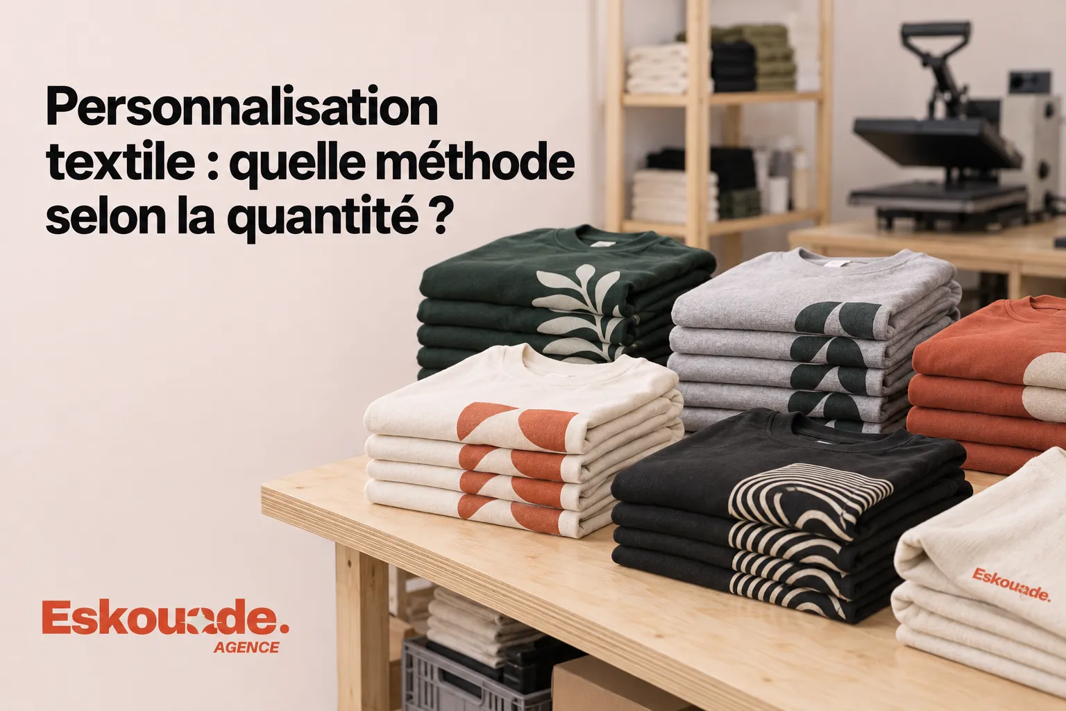 Selon une pile de sweat-shirts imprimés soigneusement pliés sur une table de boutique.