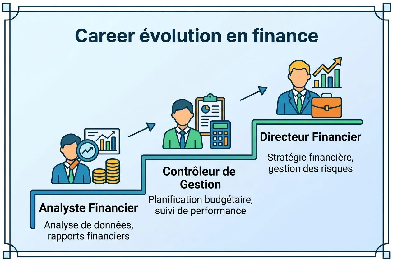 Illustration sur l’évolution de carrière en finance: analyste financier, contrôleur de gestion, directeur financier, avec diagramme et icônes de graphiques et dossiers. Intègre les métiers après école commerce.