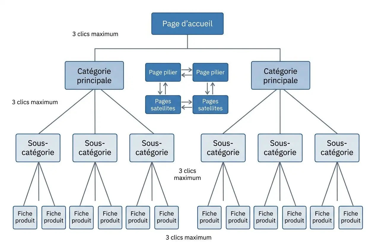 Carte schématique d’une page d’accueil montrant une structure en catégories et sous-catégories avec fiches produit, illustrant une stratégie de contenu SEO pour e-commerce.