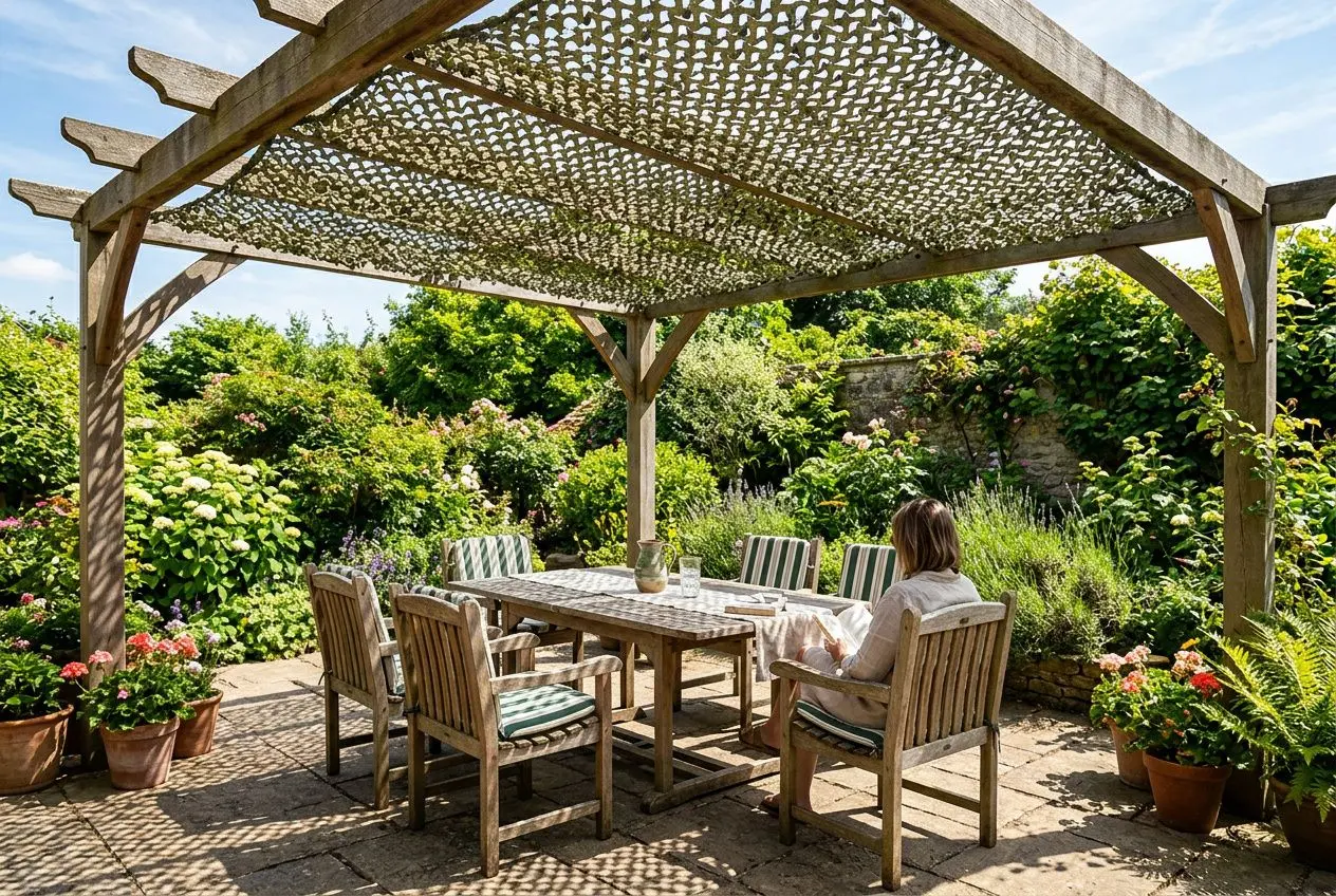 Table en bois sous une pergola en sun loupe, dans un jardin ombragé: personne assise à la table, entourée de fleurs et de plantes.